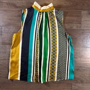 MNG Mango Suit Women Green Yellow Striped Geometric Bow Tie Neck Blouse Size 10